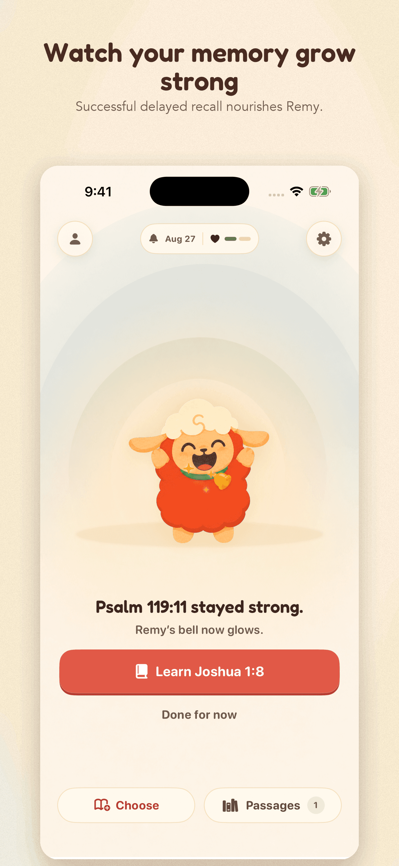 Remy app showing Scripture progress from Learning to Practiced over time