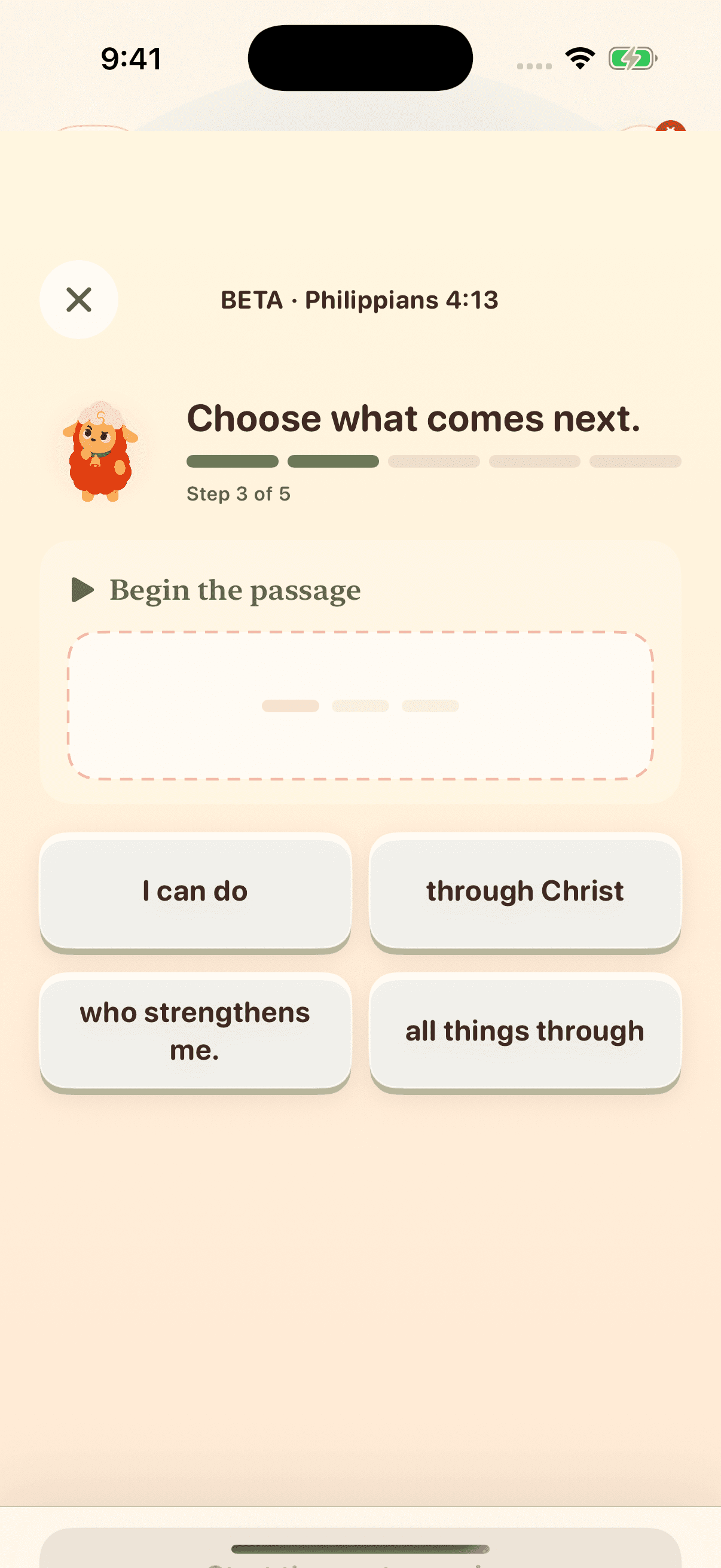 Remy learning flow asking the learner to recall the next Scripture phrase