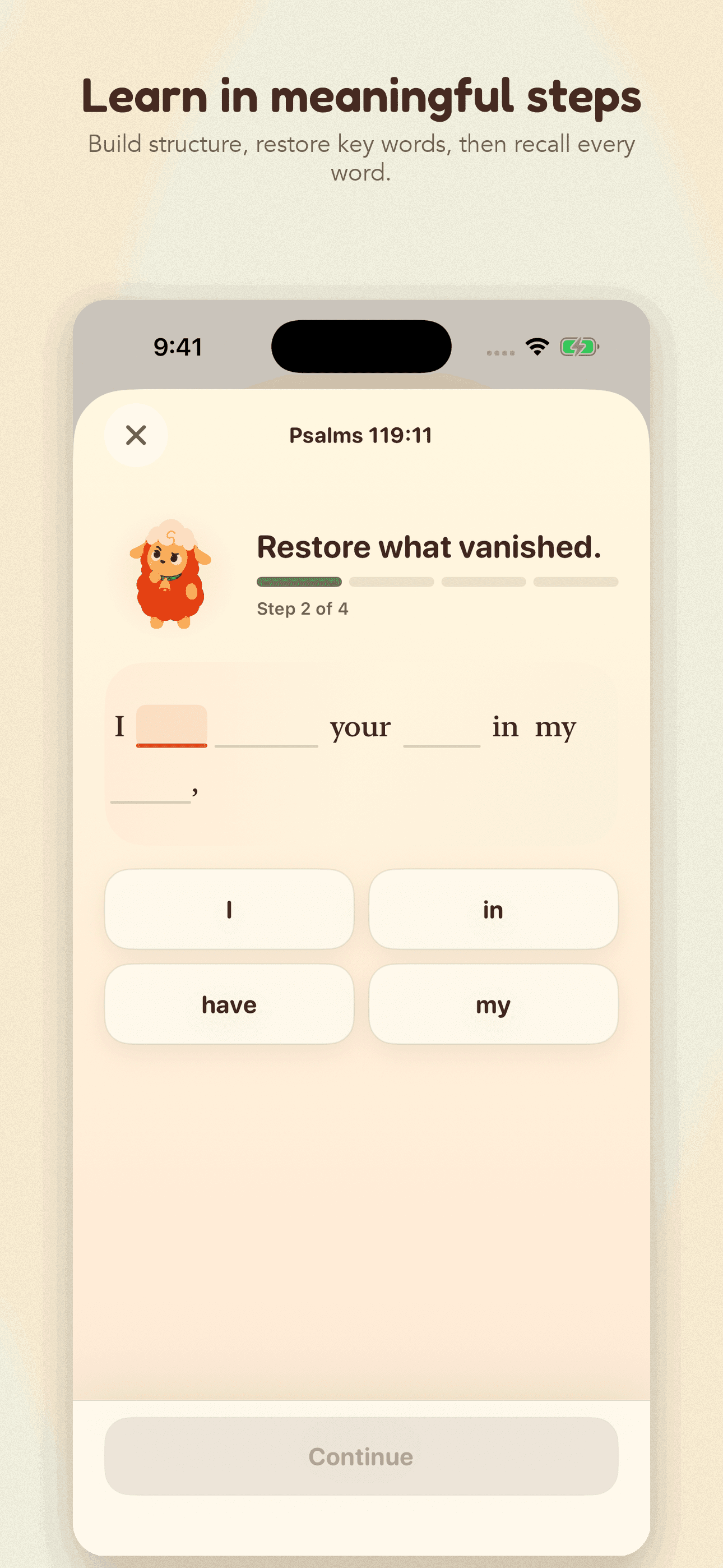 Remy learning flow showing a Scripture phrase exercise