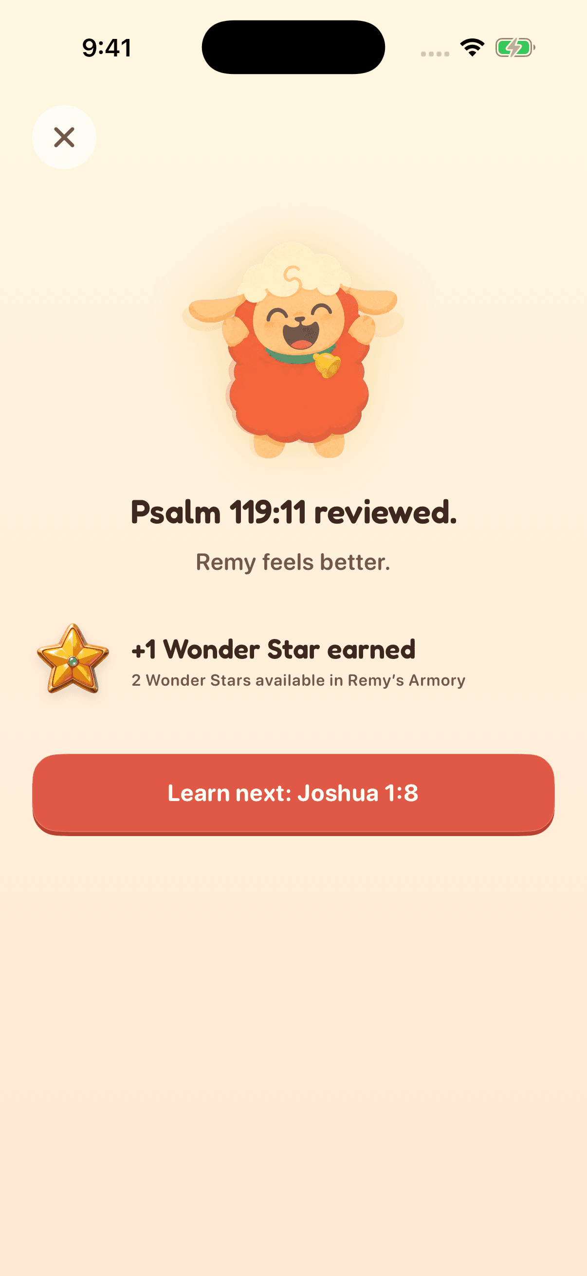 Remy celebrating a completed Bible passage review